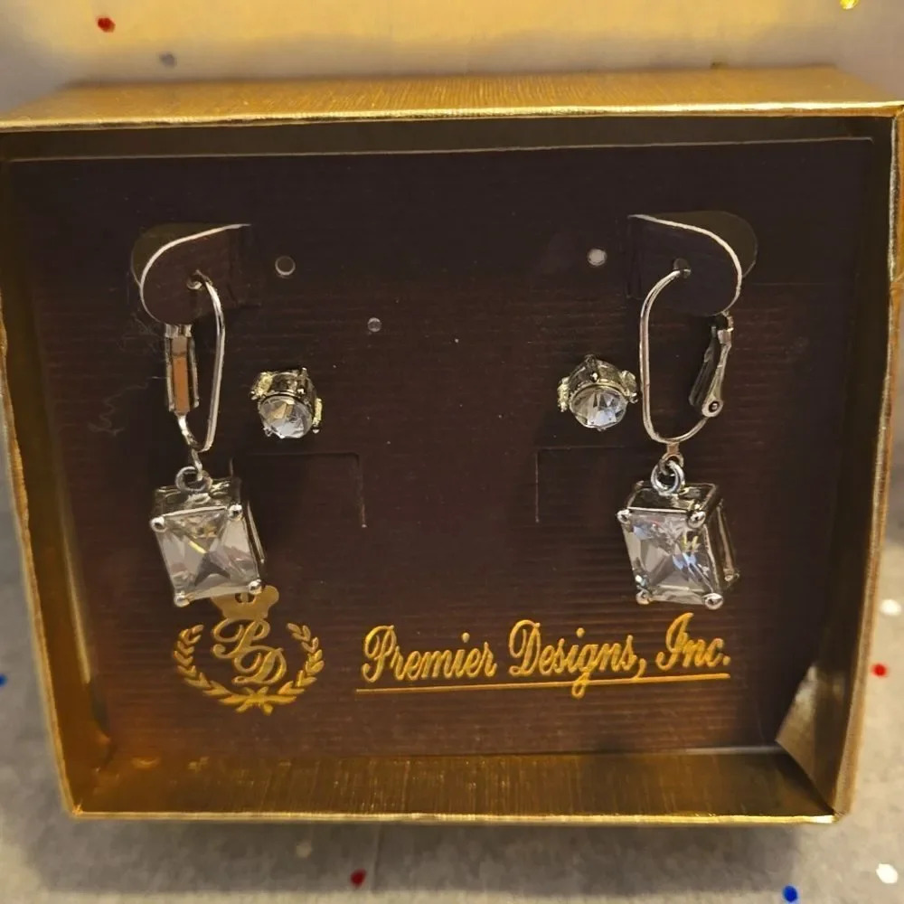 Premier Designs silver plated cut crystals CZ drop earrings square shape